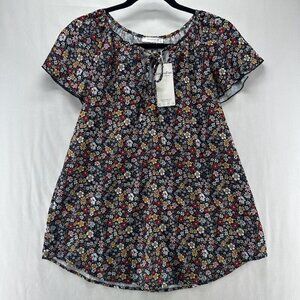Simple Fun Tunic Size M Peasant Floral Blouse  Tie Neck Flare Sleeve Multicolor